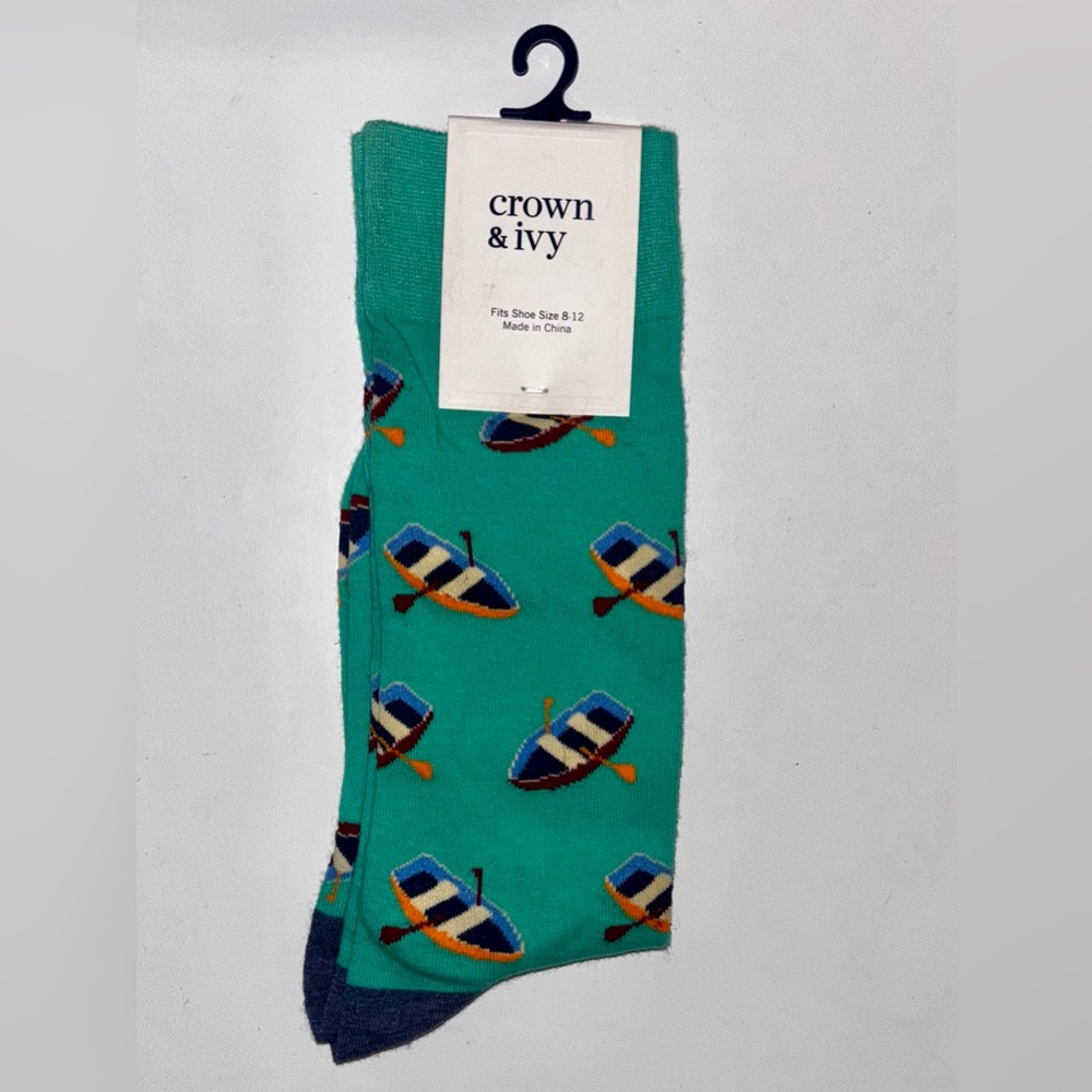 Crown & Ivy Boat Print Socks NWT Men’s Novelty Crew Socks Sz 8–12 Green Coastal